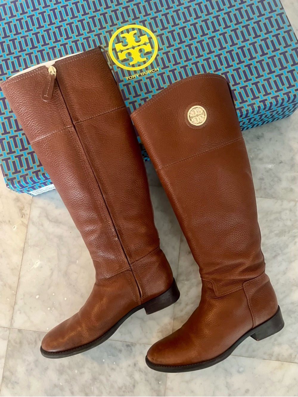 Tory Burch Chestnut Brown Leather Knee Junction Boots with Gold Logo Medallion - Picture 4 of 12